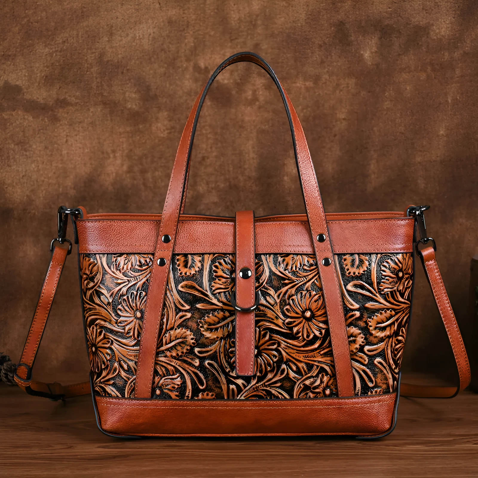 First layer cowhide hand carved skeleton-skin horizontal square crossbody bag in retro brown