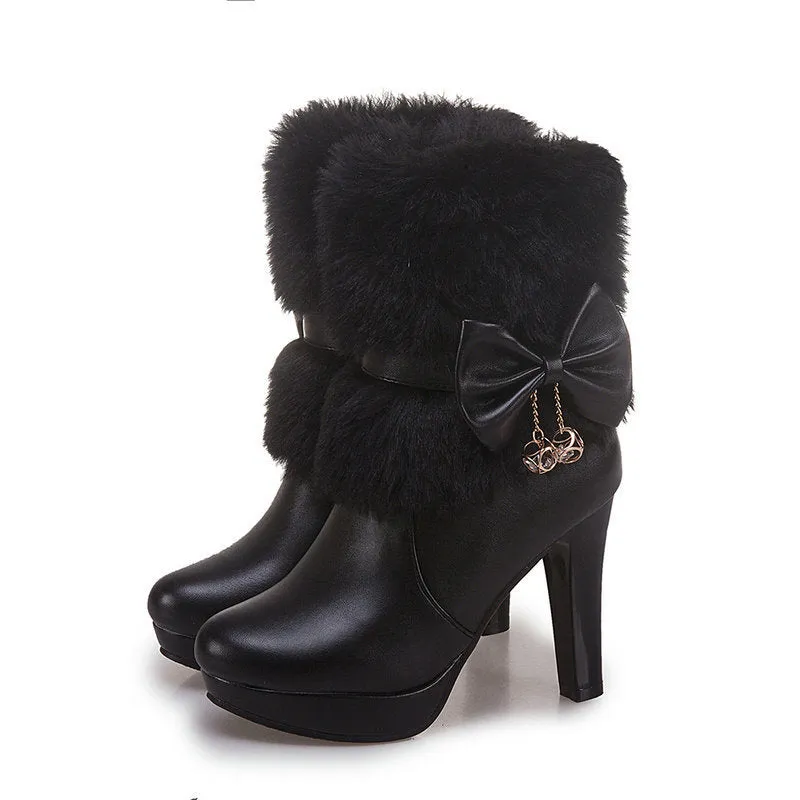 Women's short boots artificial PU thick heel 10cm round toe black pink white sizes 32-43