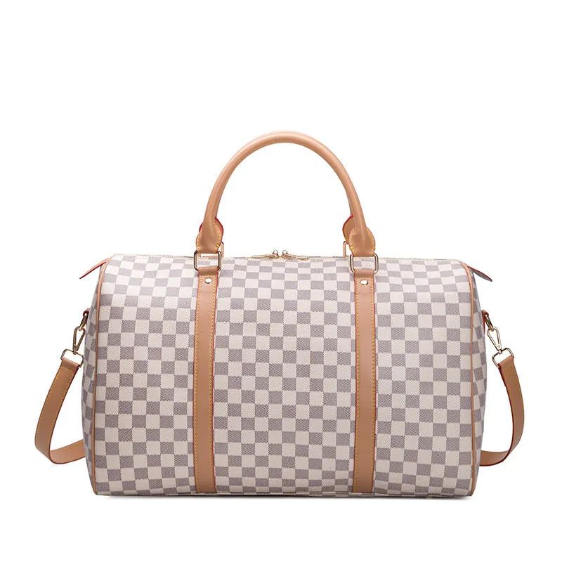 Large black grid PU leather travel bag with single strap, horizontal square shape, open outer pocket