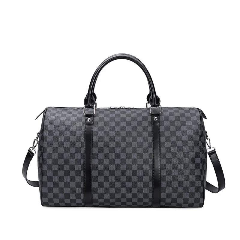 Large black grid PU leather travel bag with single strap, horizontal square shape, open outer pocket