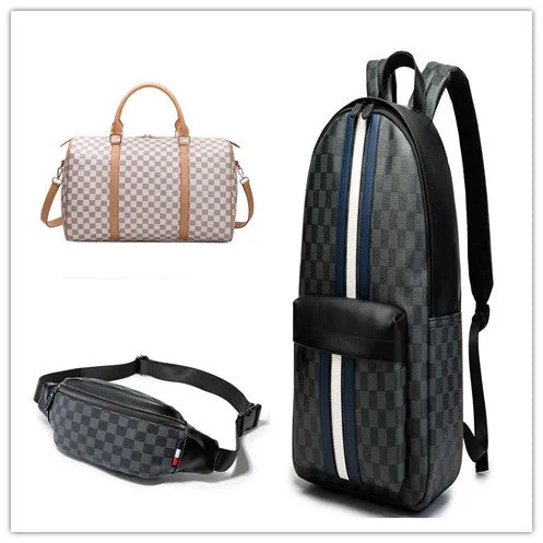 Large black grid PU leather travel bag with single strap, horizontal square shape, open outer pocket