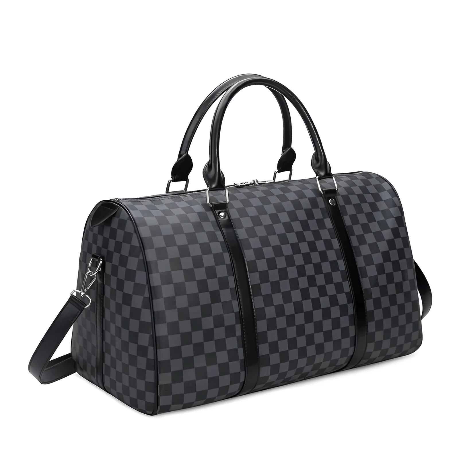 Large black grid PU leather travel bag with single strap, horizontal square shape, open outer pocket