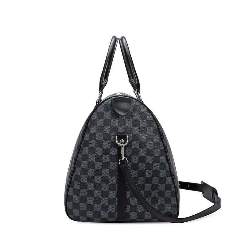 Large black grid PU leather travel bag with single strap, horizontal square shape, open outer pocket