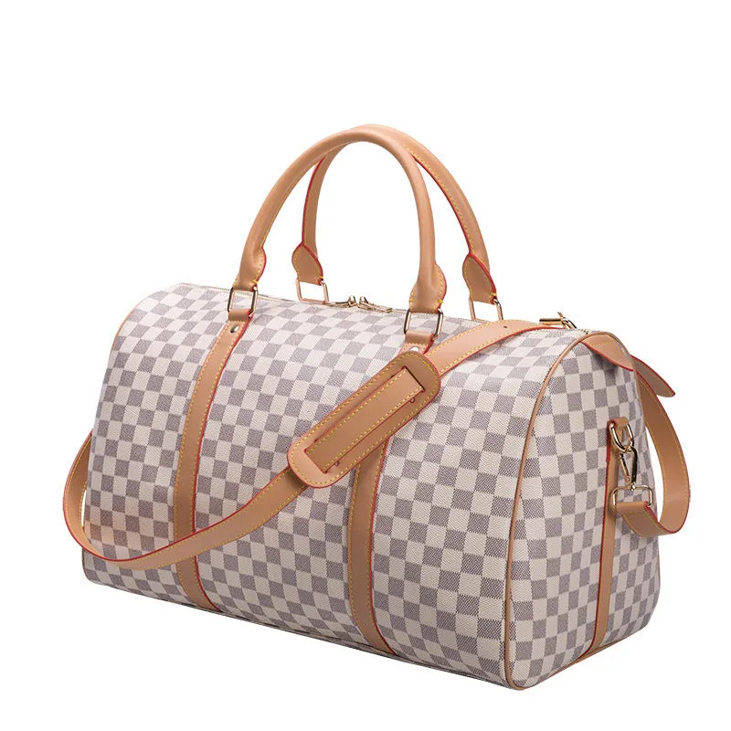 Large black grid PU leather travel bag with single strap, horizontal square shape, open outer pocket