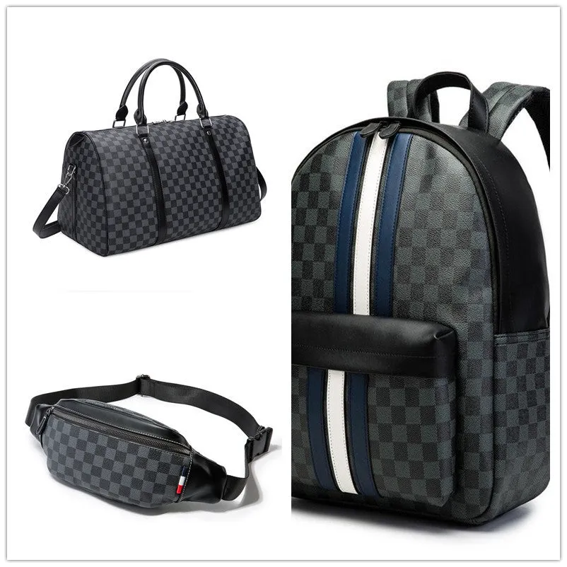 Large black grid PU leather travel bag with single strap, horizontal square shape, open outer pocket