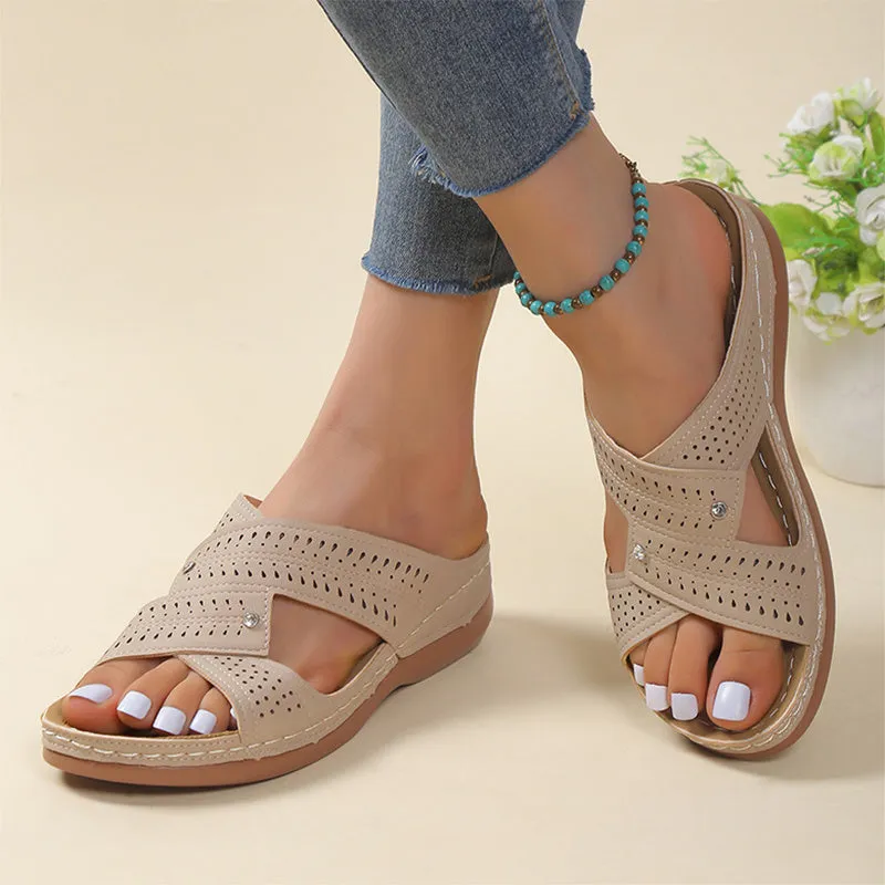 Womens low heel wedge sandals non slip PU beach shoes in offwhite colour with peep toe