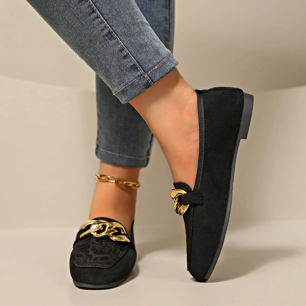 Women's metal flat lazy doug shoes in black, beige, and pink, PU and rubber, wear-resistant, sizes 36 to 42