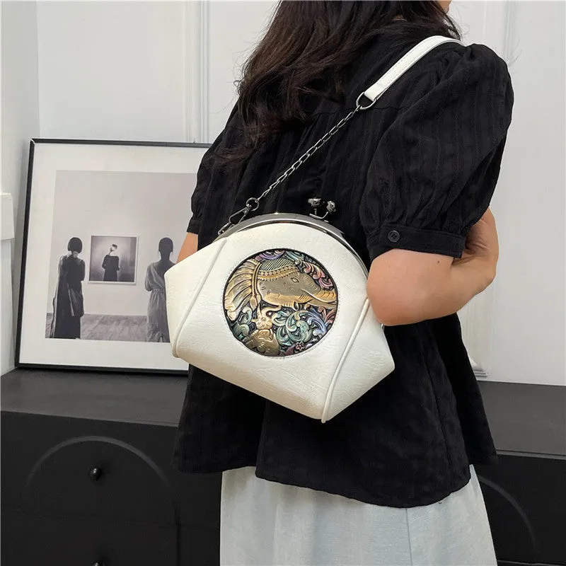 Western style underarm clip shoulder messenger bag for women, PU shell shape in spliced colour design, 20x18x9cm