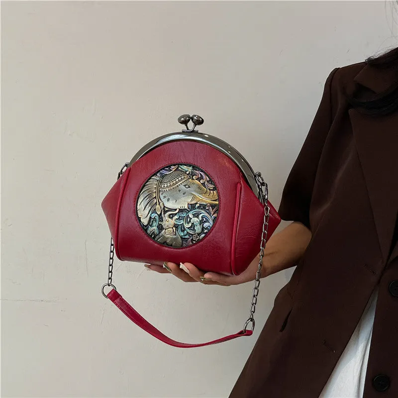 Western style underarm clip shoulder messenger bag for women, PU shell shape in spliced colour design, 20x18x9cm