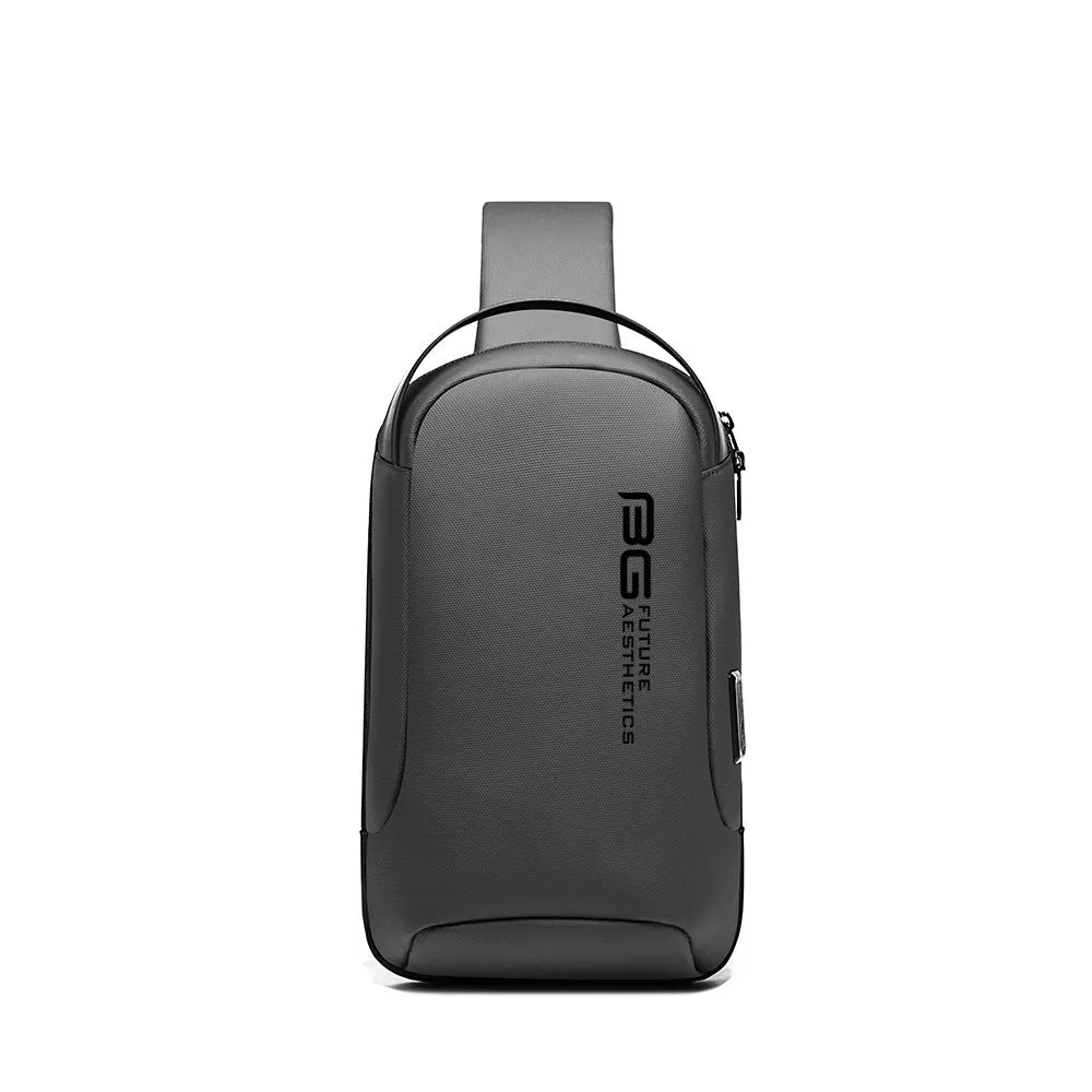 Men's black casual shoulder bag with USB port for business travel, made from Oxford cloth.