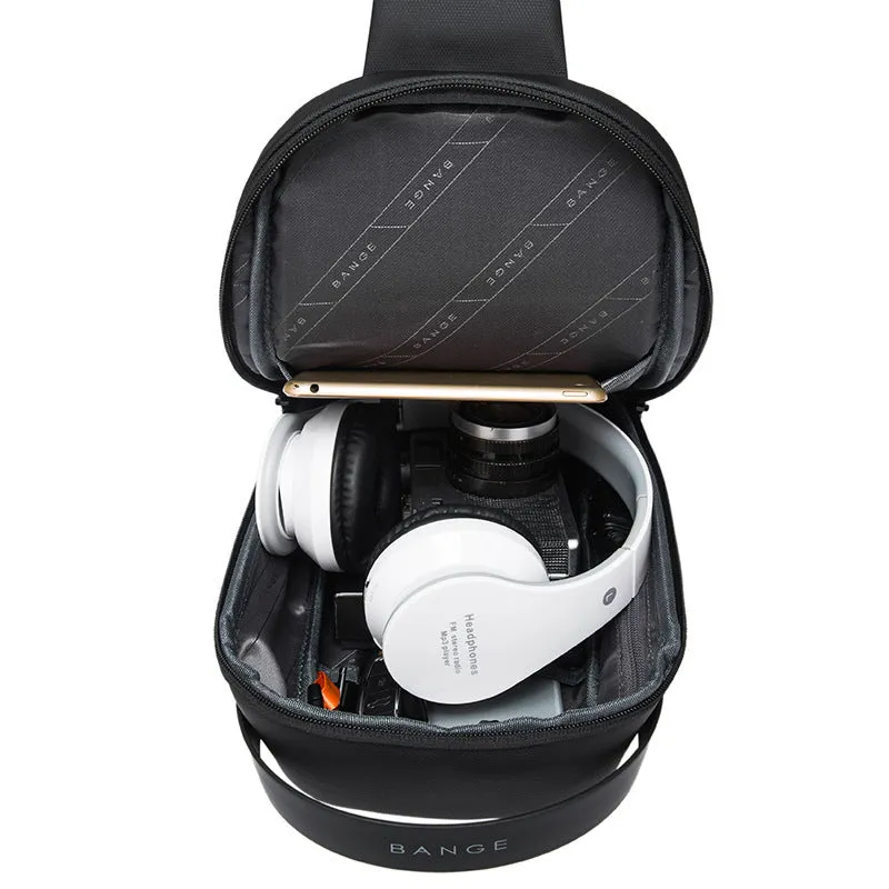 Men's black casual shoulder bag with USB port for business travel, made from Oxford cloth.