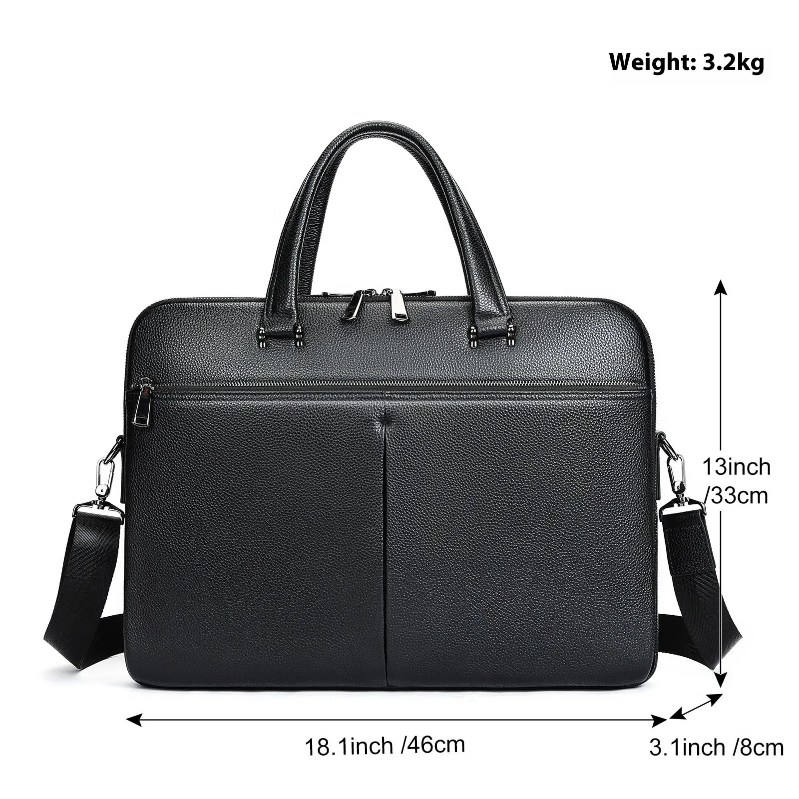 Men's black horizontal briefcase in first layer cowhide with sewing line detail, designed for 17-inch laptop