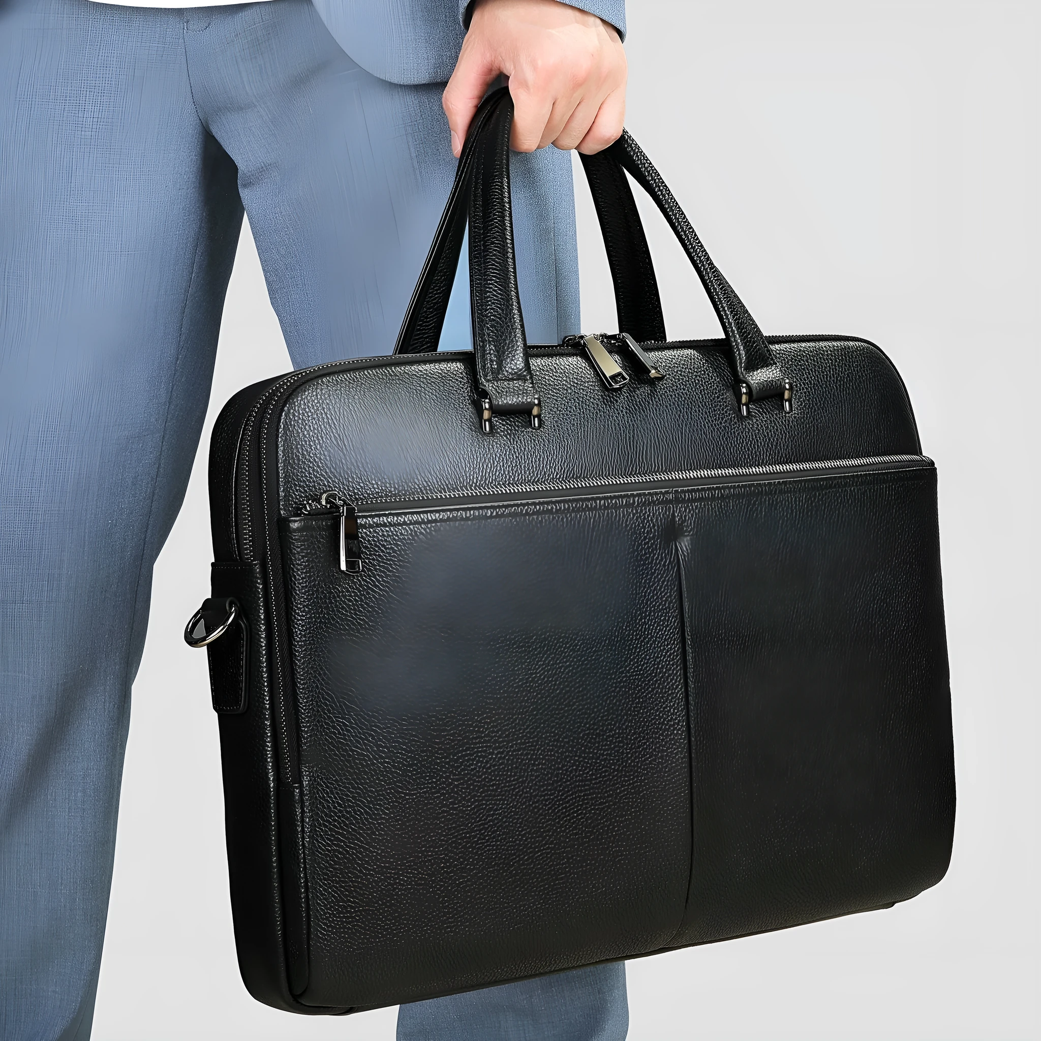 Men's black horizontal briefcase in first layer cowhide with sewing line detail, designed for 17-inch laptop
