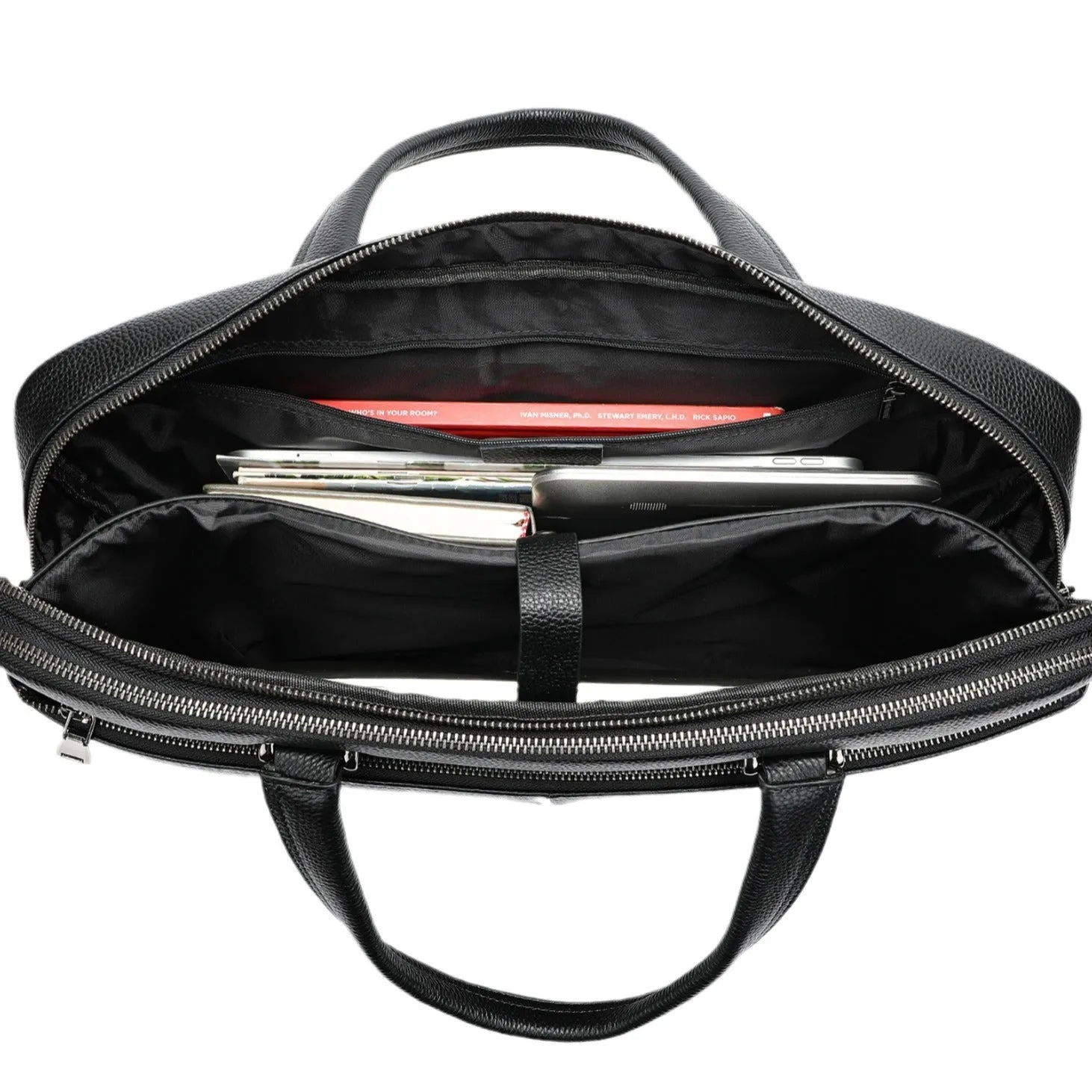 Men's black horizontal briefcase in first layer cowhide with sewing line detail, designed for 17-inch laptop