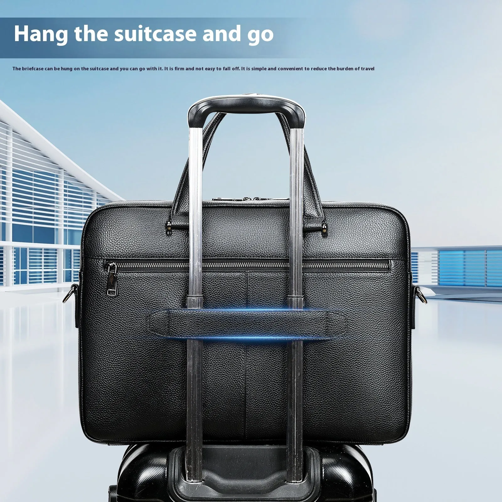 Men's black horizontal briefcase in first layer cowhide with sewing line detail, designed for 17-inch laptop