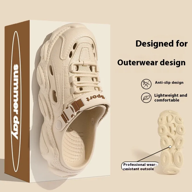 Men's khaki outdoor summer slippers showing hollow-out design and textured EVA sole