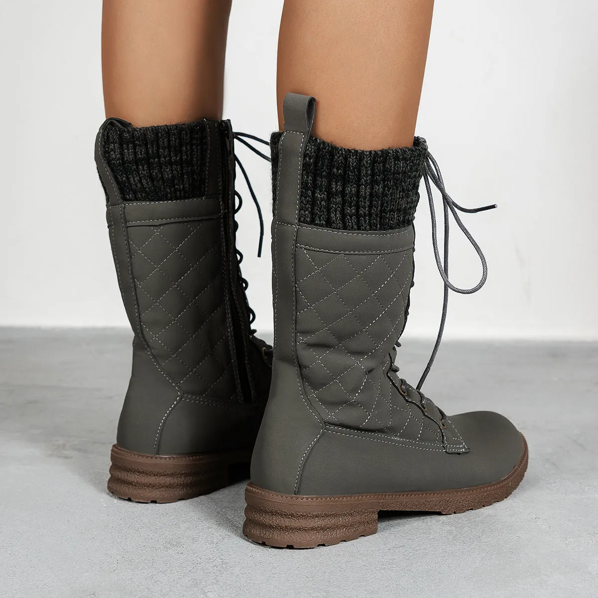 Women's black Martin boots lace up block heel round toe side zipper winter footwear