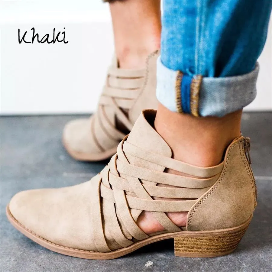 Women's pointed thick heel hollow short boots in camel suede with back zipper and round toe