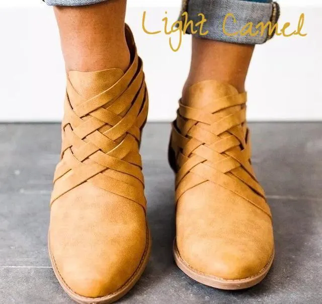 Women's pointed thick heel hollow short boots in camel suede with back zipper and round toe