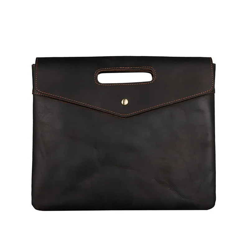 Genuine leather men's vintage business briefcase in brown envelope shape with wrapped closure
