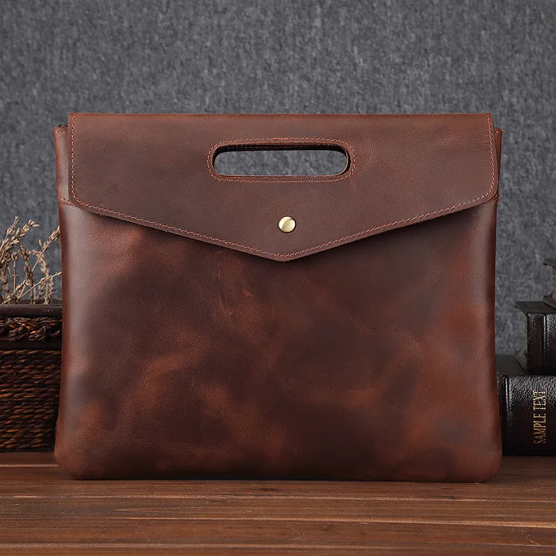 Genuine leather men's vintage business briefcase in brown envelope shape with wrapped closure