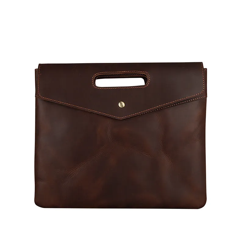Genuine leather men's vintage business briefcase in brown envelope shape with wrapped closure