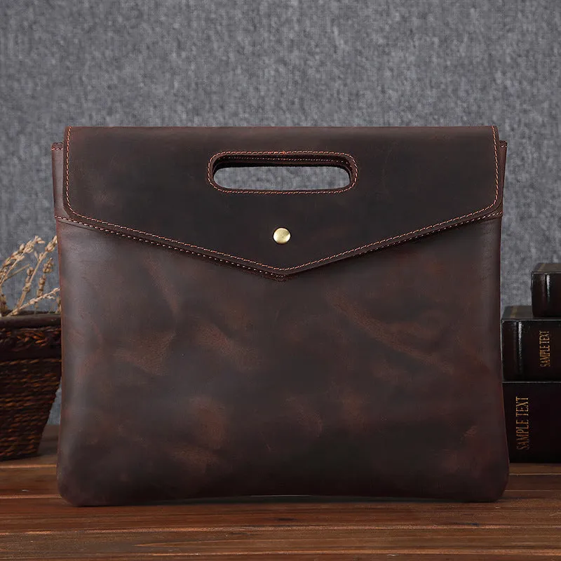Genuine leather men's vintage business briefcase in brown envelope shape with wrapped closure