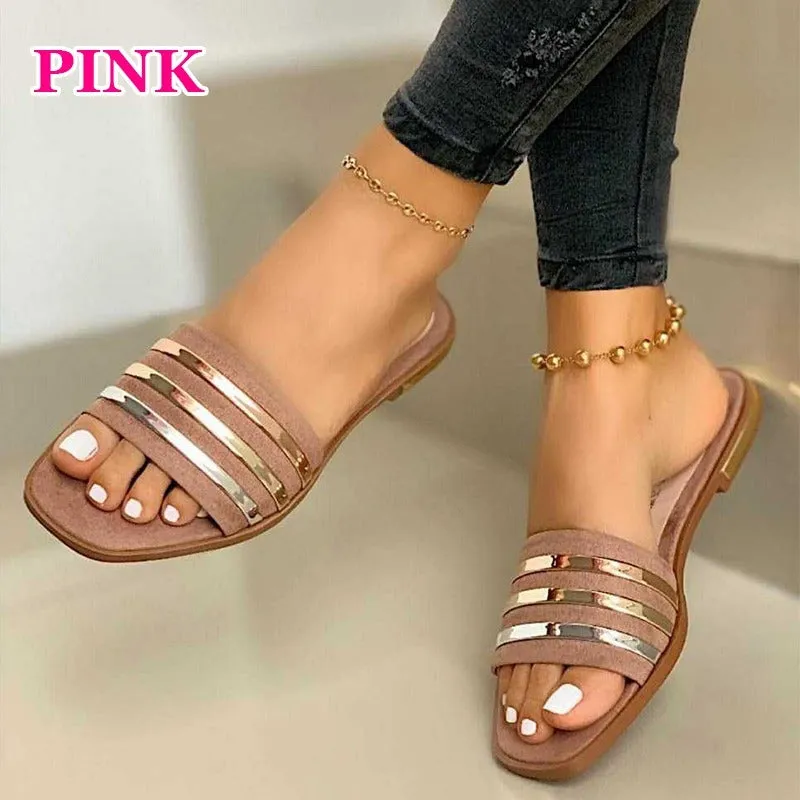 Women's flat slippers in pink with PVC upper and TPR sole, side view