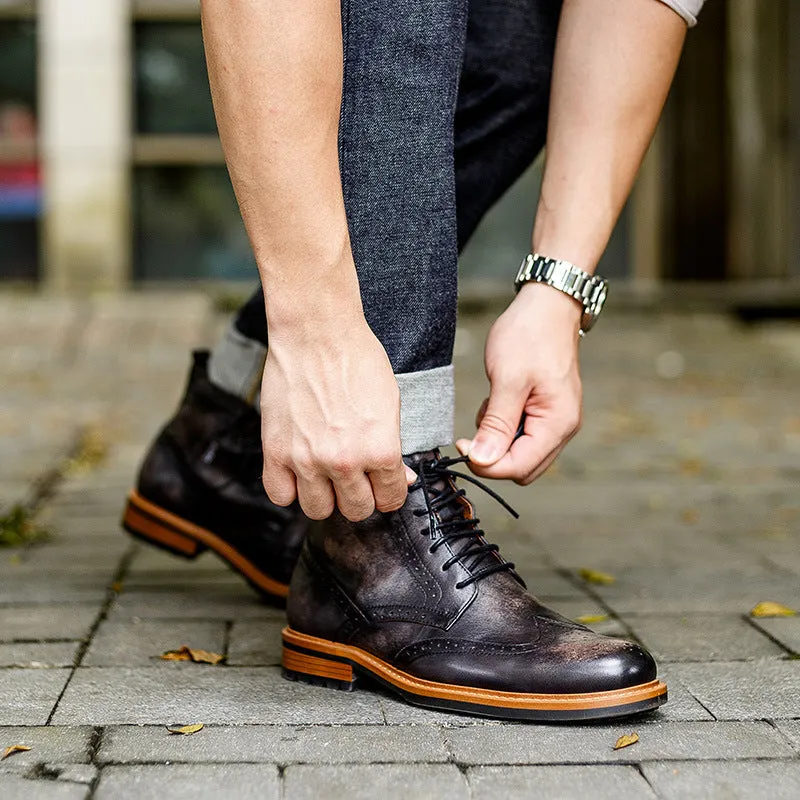 Men's casual leather round toe Martin boots in black patent finish with rubber sole