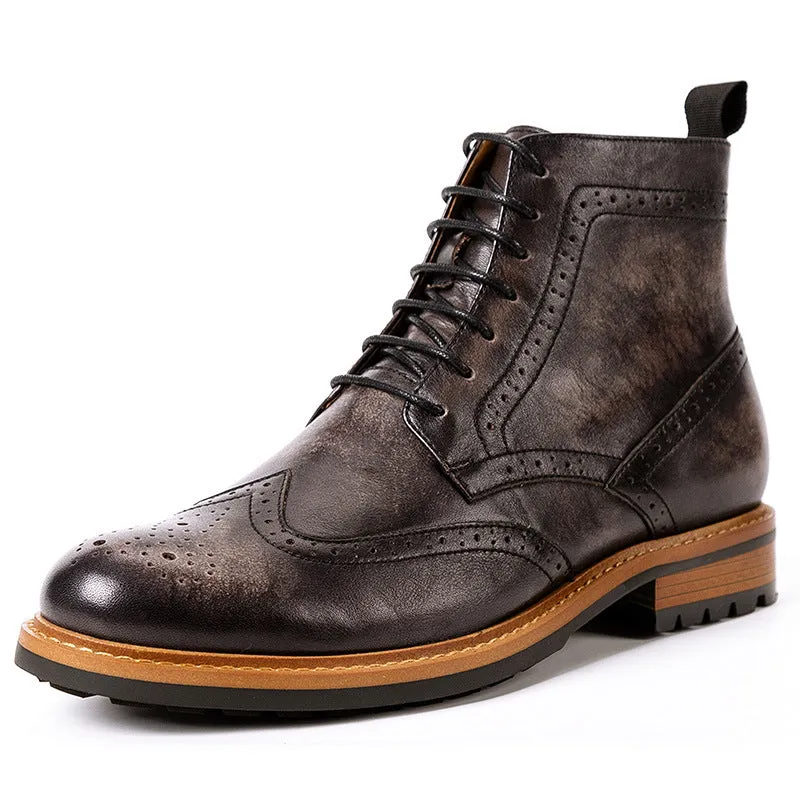 Men's casual leather round toe Martin boots in black patent finish with rubber sole