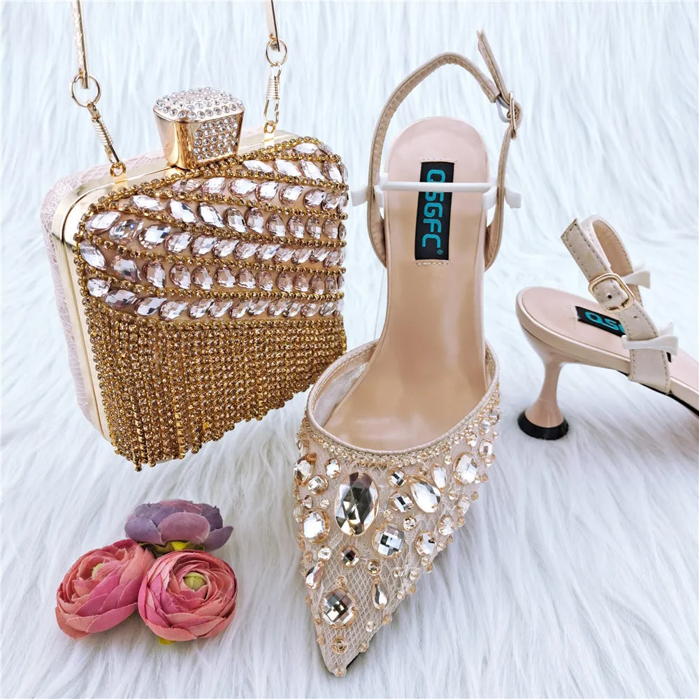 Ladies' party sandals high heels thin heel 6-8cm with matching diamond bag, rubber sole, PU inner, sizes 38-43