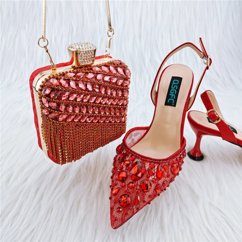 Ladies' party sandals high heels thin heel 6-8cm with matching diamond bag, rubber sole, PU inner, sizes 38-43