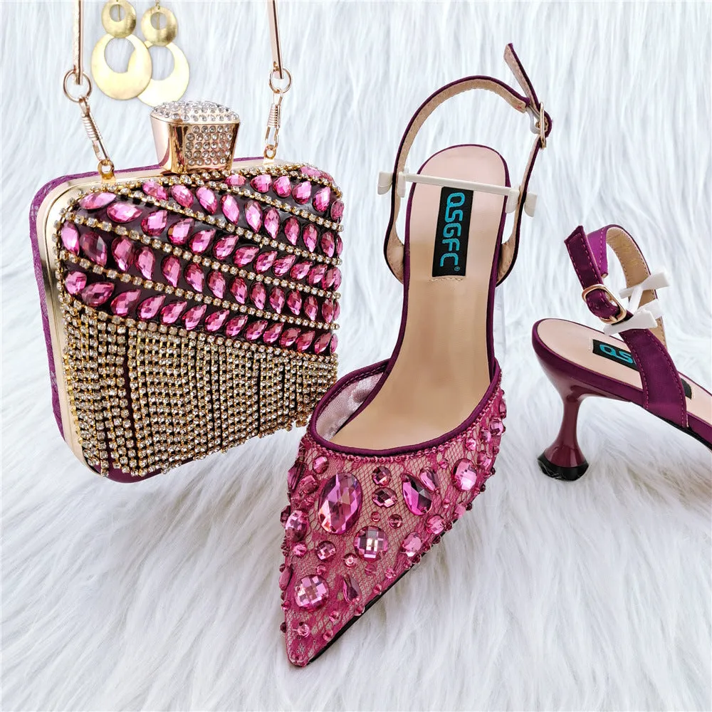 Ladies' party sandals high heels thin heel 6-8cm with matching diamond bag, rubber sole, PU inner, sizes 38-43