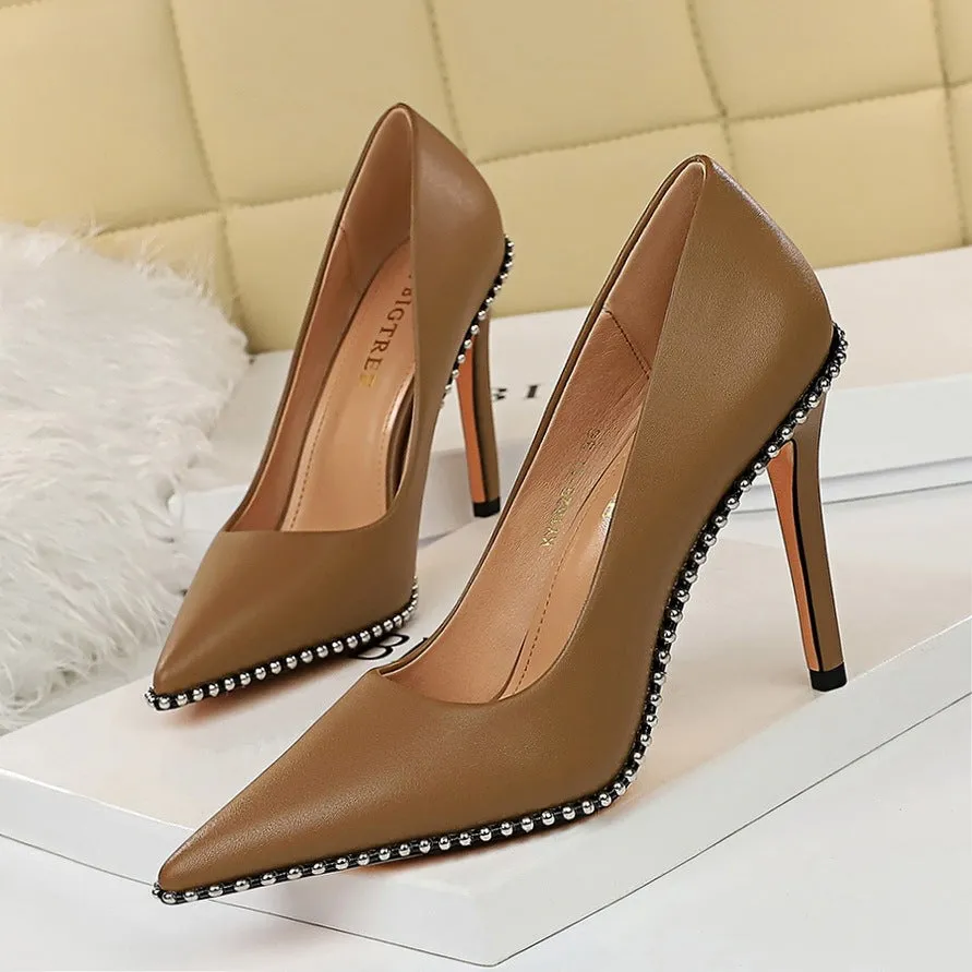 Studded high heels with rivet and metal chain detail, 10.5cm heel, black PU upper
