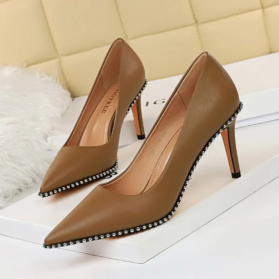 Studded high heels with rivet and metal chain detail, 10.5cm heel, black PU upper