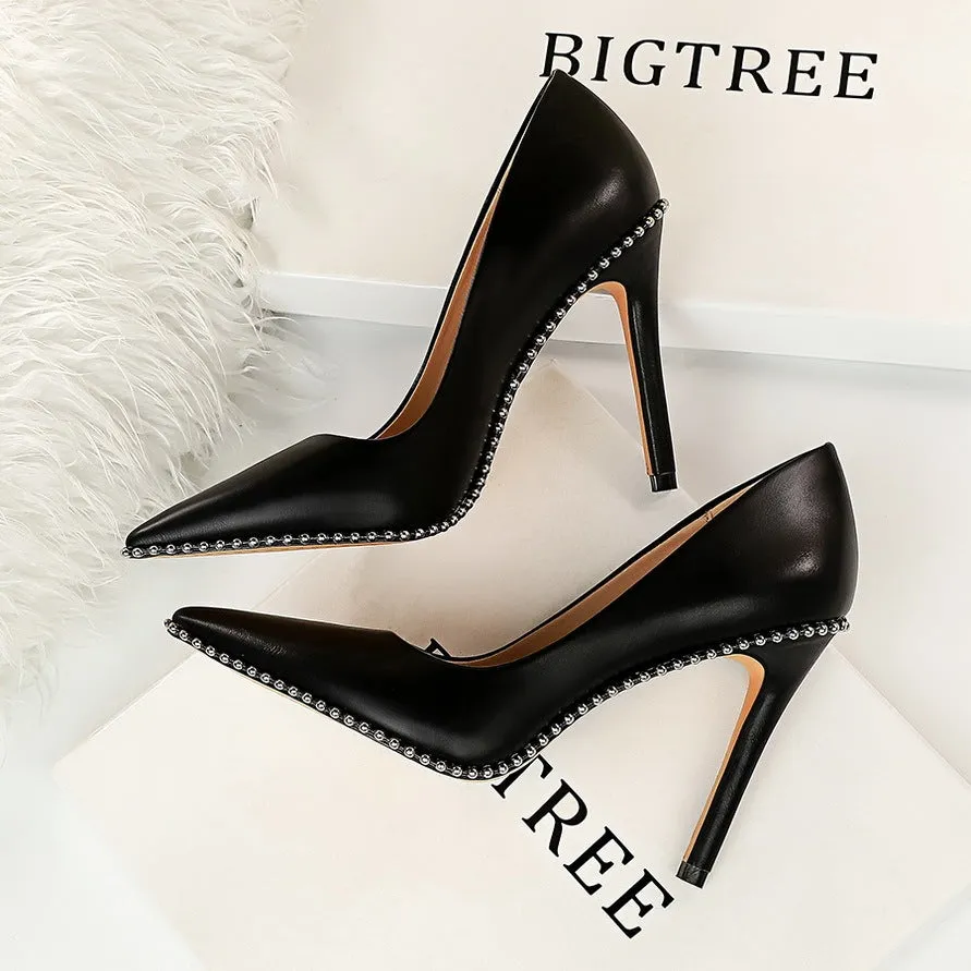 Studded high heels with rivet and metal chain detail, 10.5cm heel, black PU upper