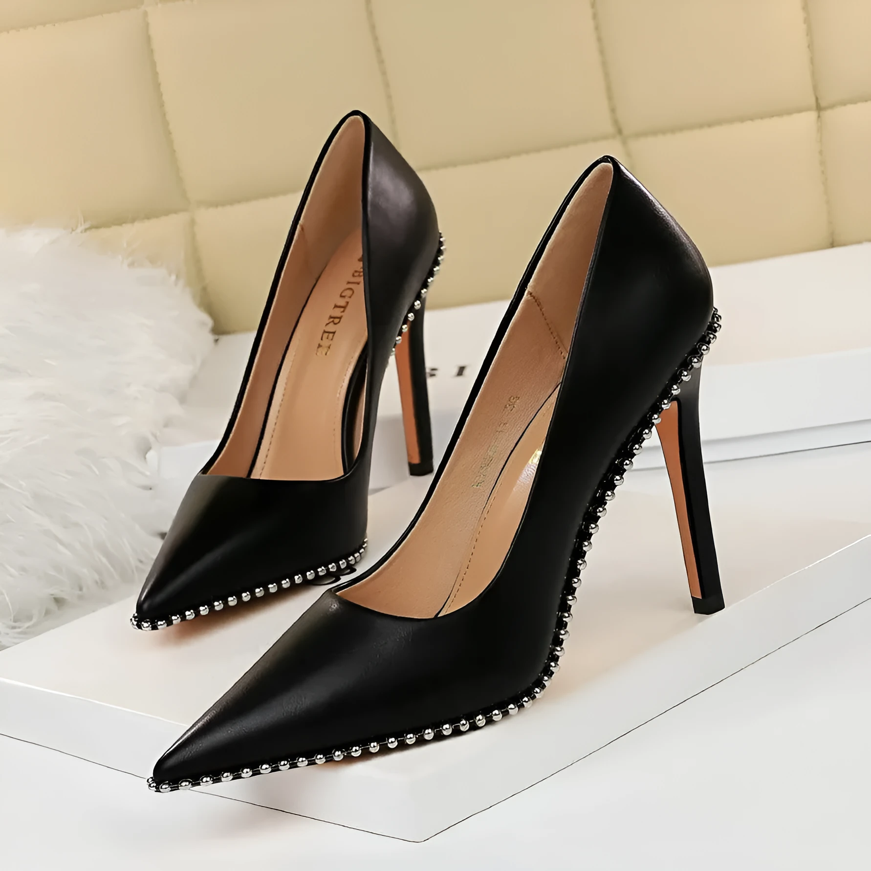 Studded high heels with rivet and metal chain detail, 10.5cm heel, black PU upper