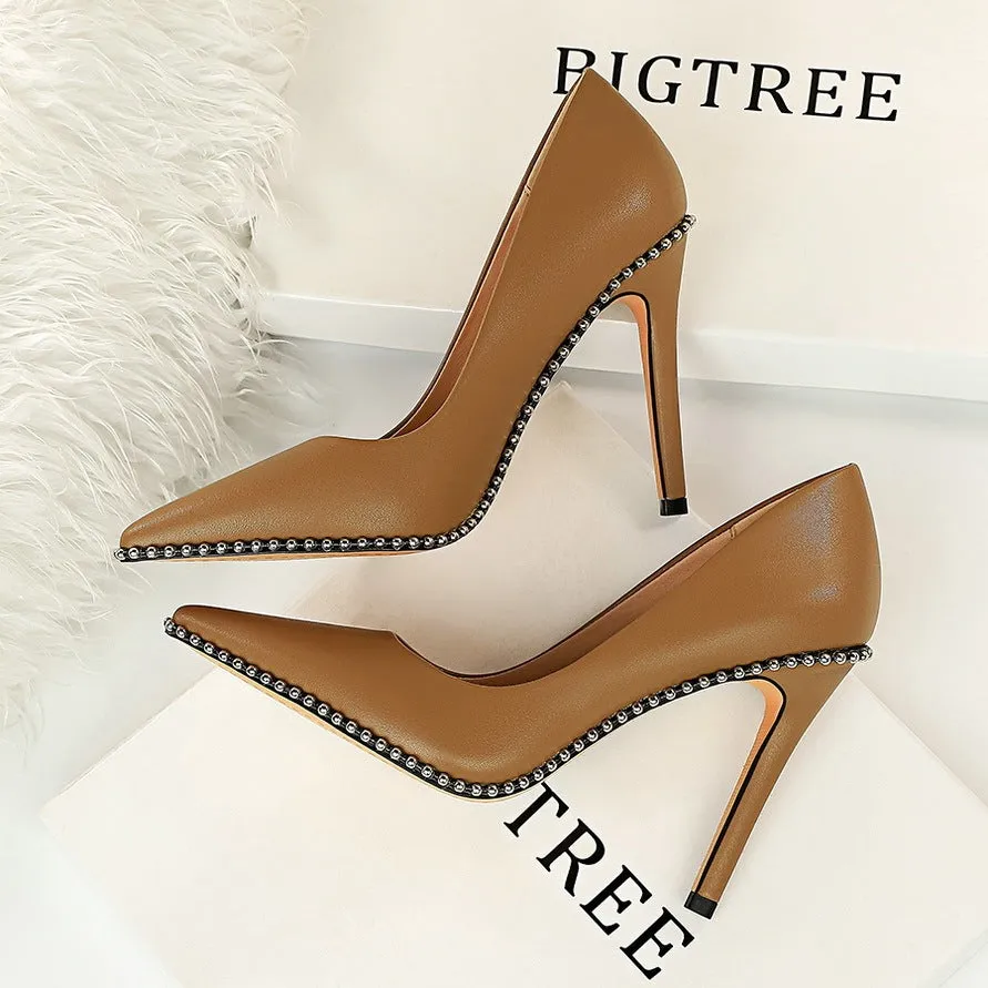 Studded high heels with rivet and metal chain detail, 10.5cm heel, black PU upper