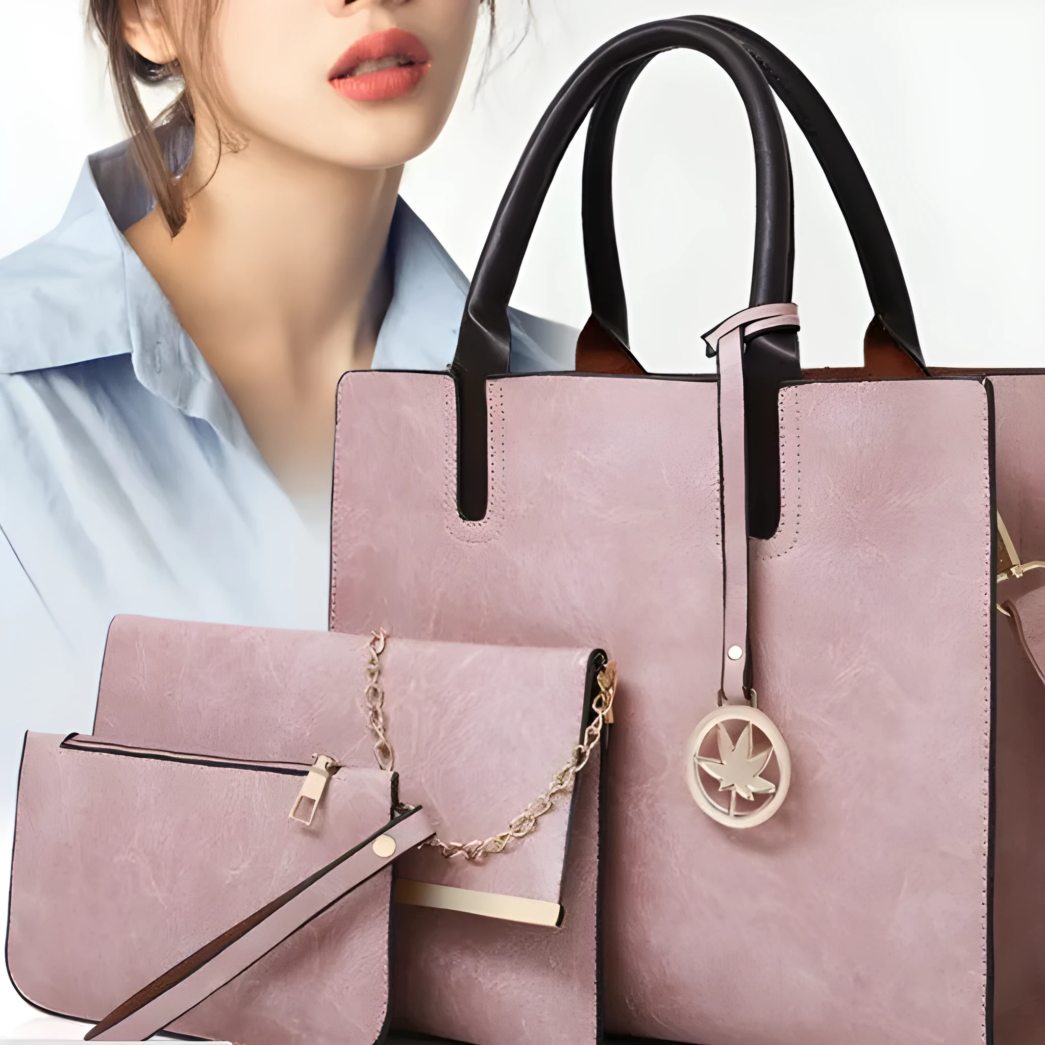 Women's mother-and-child handbag set in PU with shoulder strap, available in black, bronze, khaki, pink, red