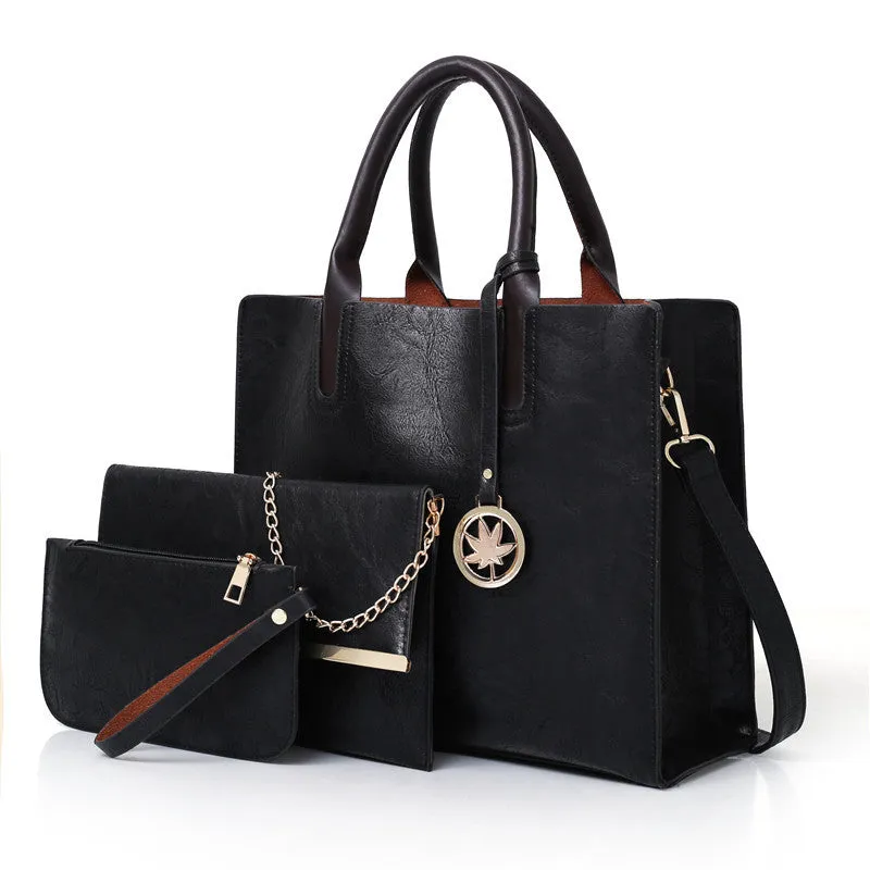 Women's mother-and-child handbag set in PU with shoulder strap, available in black, bronze, khaki, pink, red