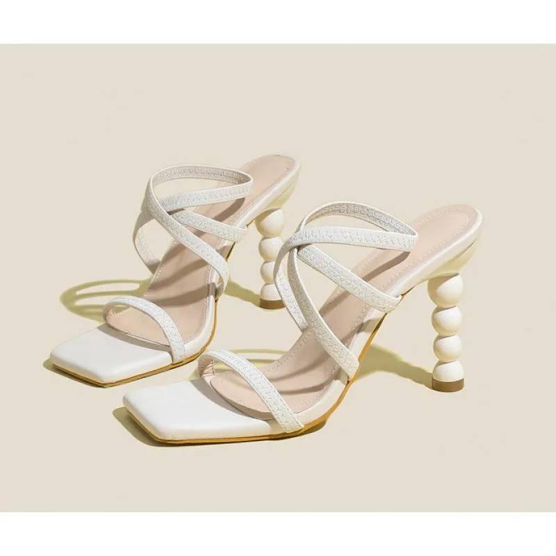 Beige stretch slip-on PU high heel shoe for women with profiled heel