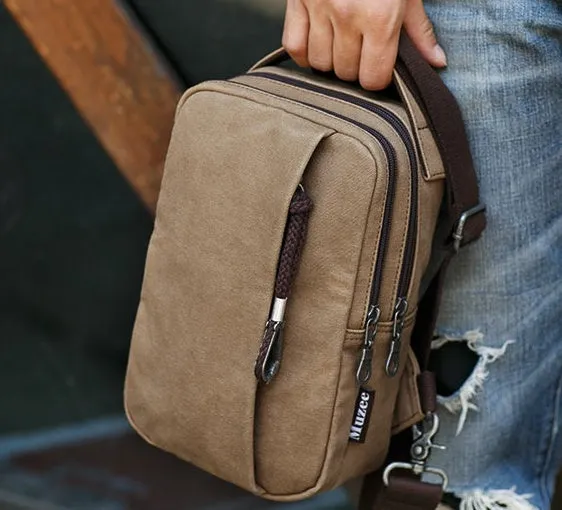 Canvas cross body bag in light brown with adjustable shoulder strap, 16x10x25 cm dimensions