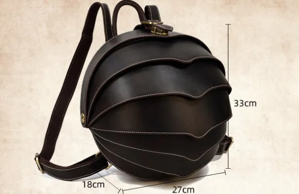 Genuine leather backpack with vintage creative beetle design, large capacity, dark brown colour, 33x18x27cm size