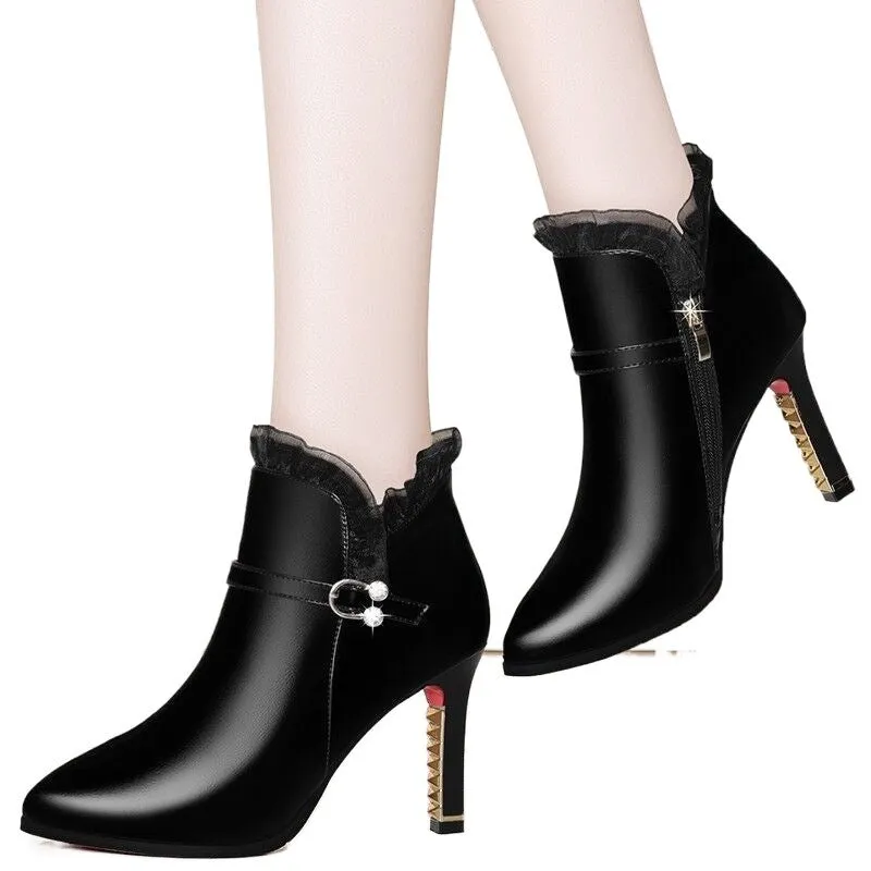 Women's over-the-knee black stiletto heel boots with side zipper and pointed toe