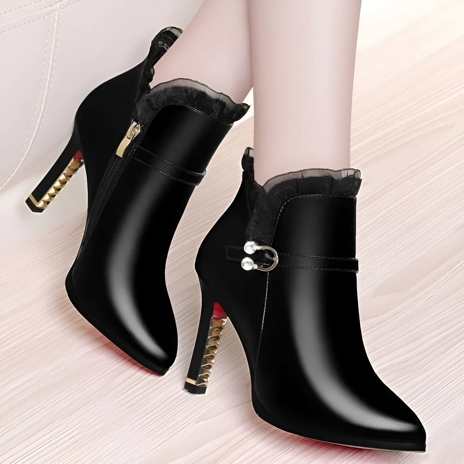 Women's over-the-knee black stiletto heel boots with side zipper and pointed toe