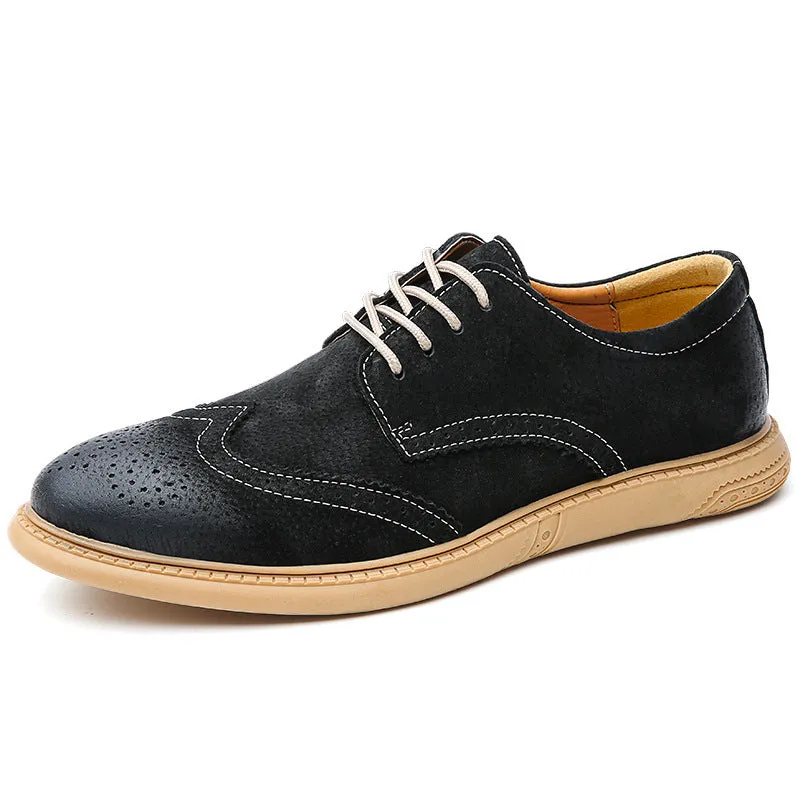 Men's black genuine cowhide leather lace-up business shoes with stitched detail and rubber sole.