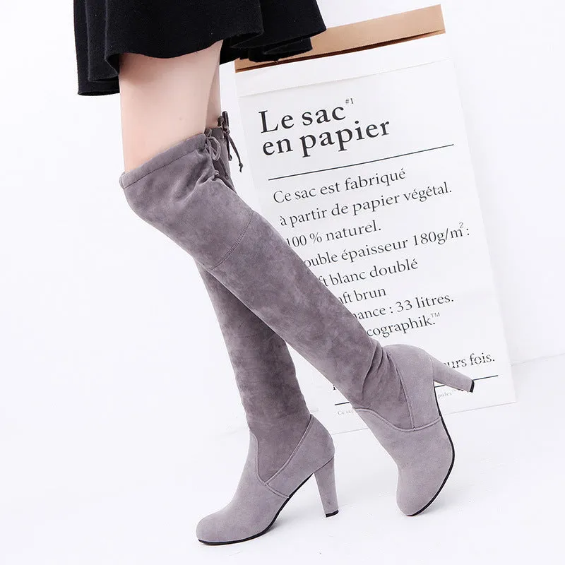Black knee high boots for women with thick heel and round toe