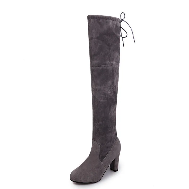 Black knee high boots for women with thick heel and round toe