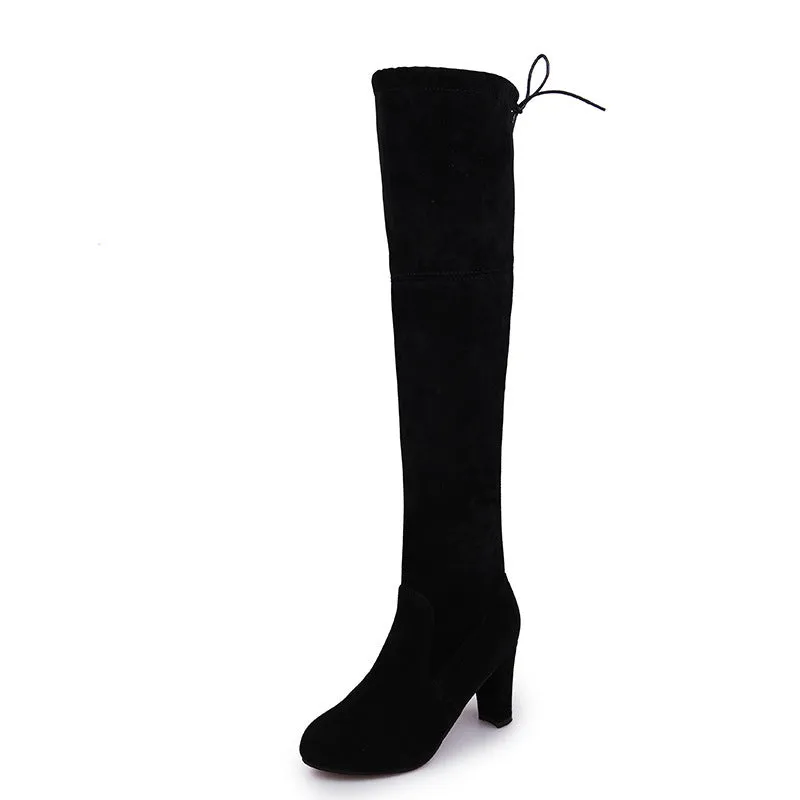 Black knee high boots for women with thick heel and round toe