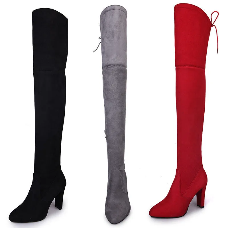 Black knee high boots for women with thick heel and round toe
